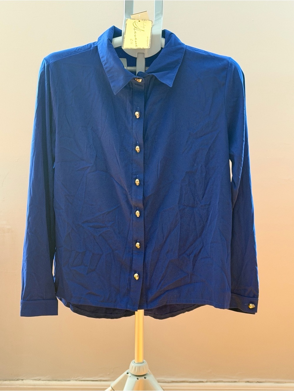Vintage Havana Royal Blue Button-Up Blouse Gold Skull Buttons Medium NWT - Picture 2 of 12